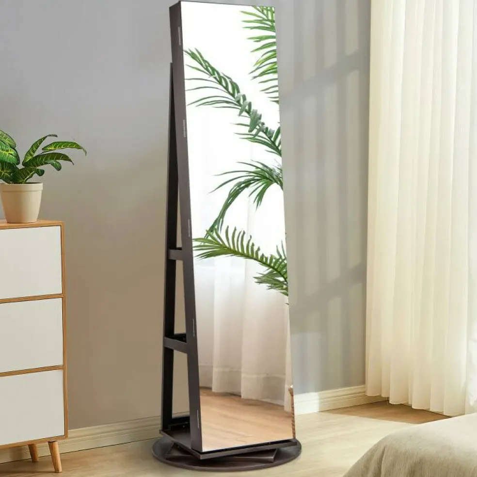 Freestanding Jewelry Armoire with Mirror Lockable LED Lights Swivel Base