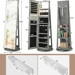 Freestanding Jewelry Armoire with Mirror Lockable LED Lights Swivel Base
