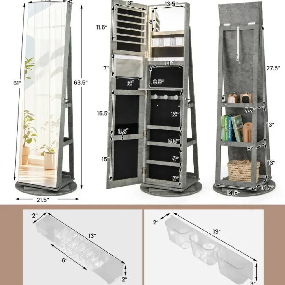 Freestanding Jewelry Armoire with Mirror Lockable LED Lights Swivel Base