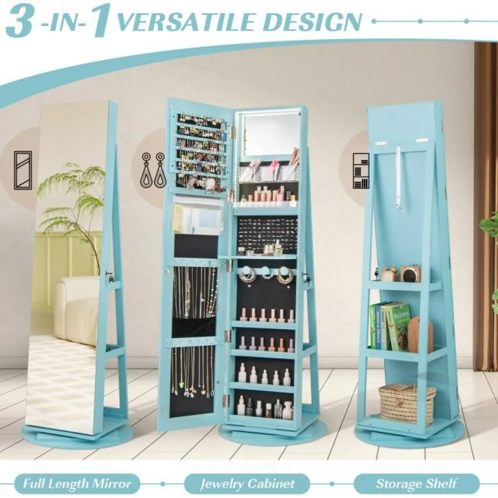 Freestanding Jewelry Armoire with Mirror Lockable LED Lights Swivel Base