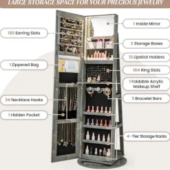 Freestanding Jewelry Armoire with Mirror Lockable LED Lights Swivel Base