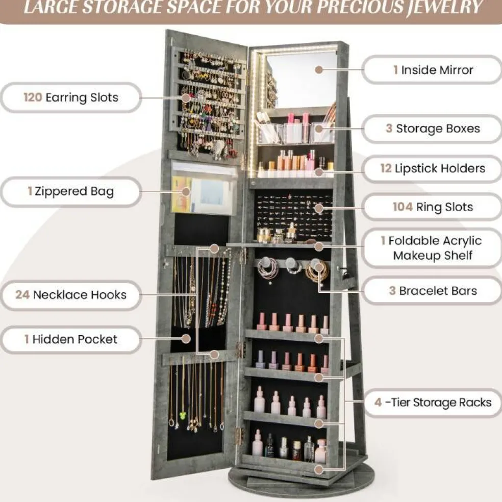 Freestanding Jewelry Armoire with Mirror Lockable LED Lights Swivel Base