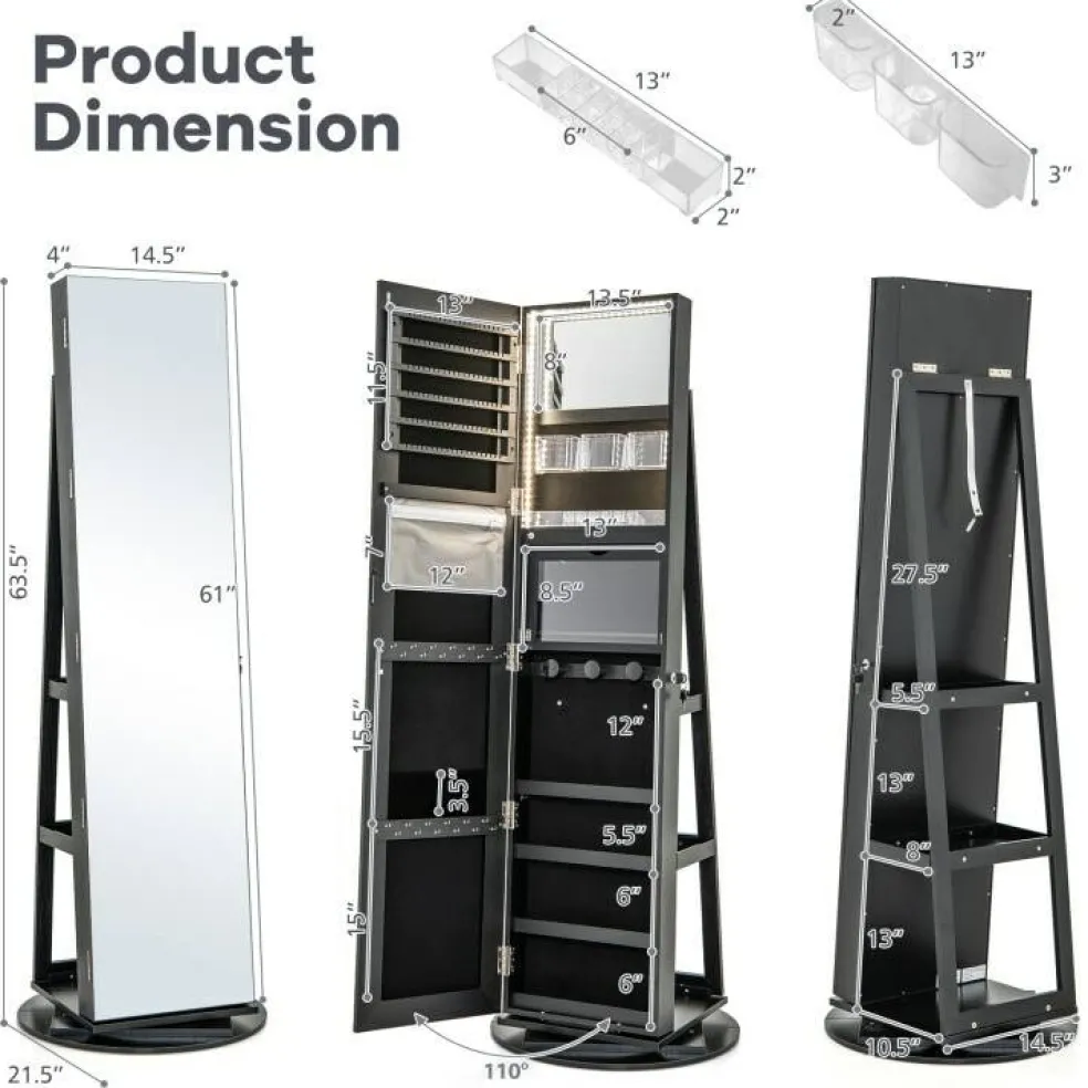 Freestanding Jewelry Armoire with Mirror Lockable LED Lights Swivel Base