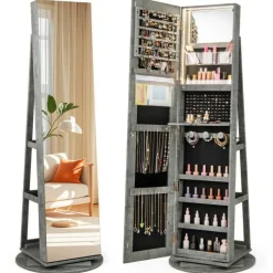 Freestanding Jewelry Armoire with Mirror Lockable LED Lights Swivel Base