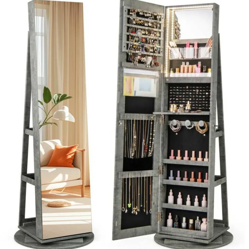 Freestanding Jewelry Armoire with Mirror Lockable LED Lights Swivel Base