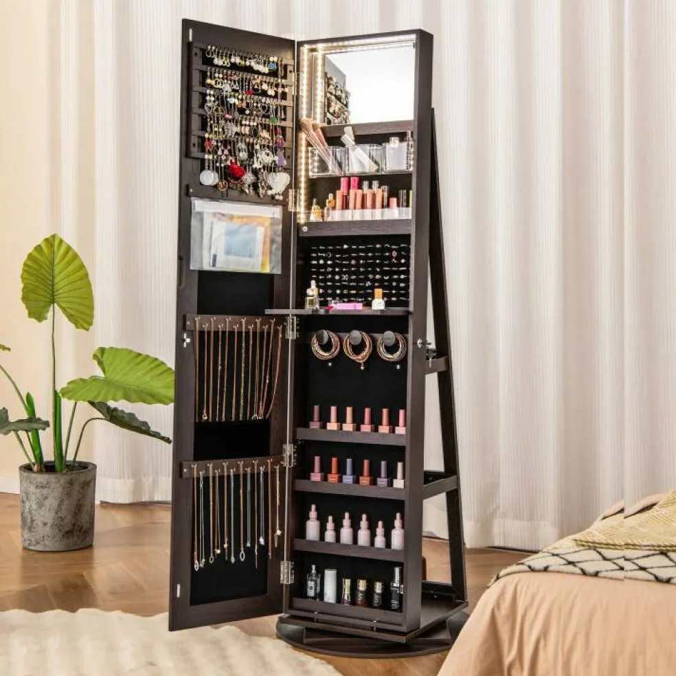 Freestanding Jewelry Armoire with Mirror Lockable LED Lights Swivel Base