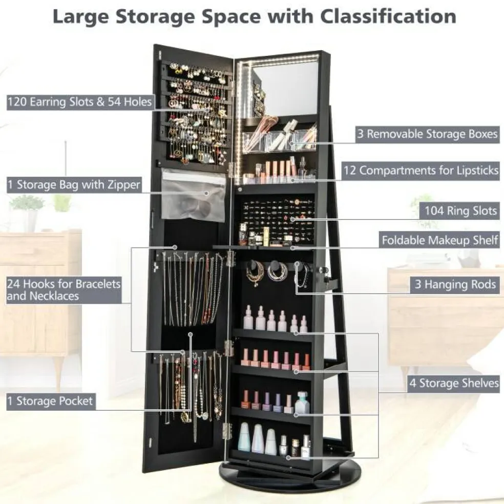 Freestanding Jewelry Armoire with Mirror Lockable LED Lights Swivel Base