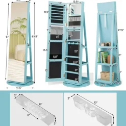 Freestanding Jewelry Armoire with Mirror Lockable LED Lights Swivel Base