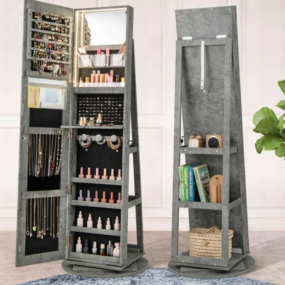 Freestanding Jewelry Armoire with Mirror Lockable LED Lights Swivel Base