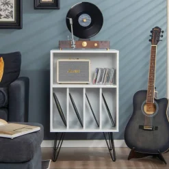 Freestanding Record Player Stand Record Storage Cabinet with Metal Legs