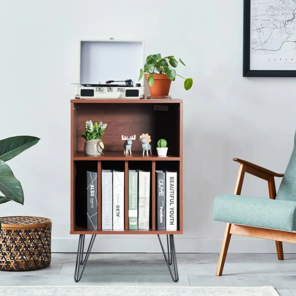 Freestanding Record Player Stand Record Storage Cabinet with Metal Legs