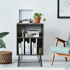 Freestanding Record Player Stand Record Storage Cabinet with Metal Legs