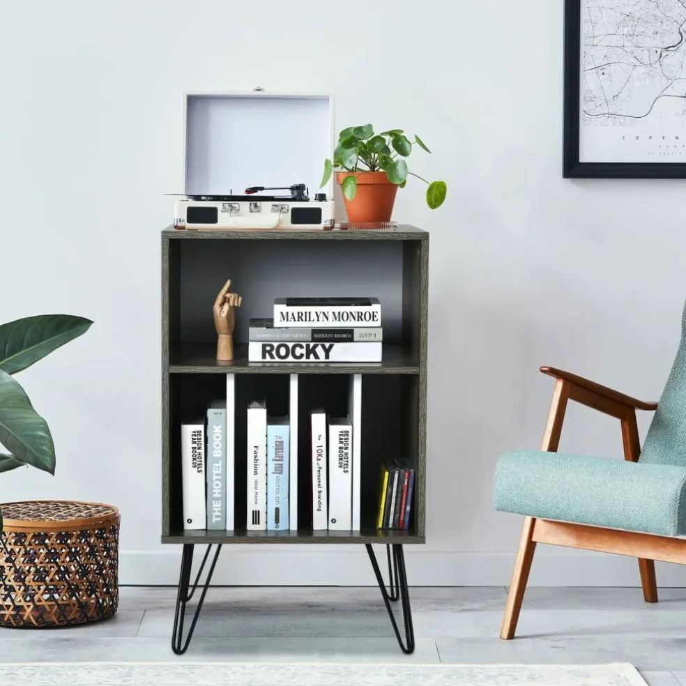 Freestanding Record Player Stand Record Storage Cabinet with Metal Legs