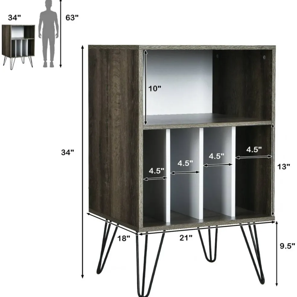 Freestanding Record Player Stand Record Storage Cabinet with Metal Legs