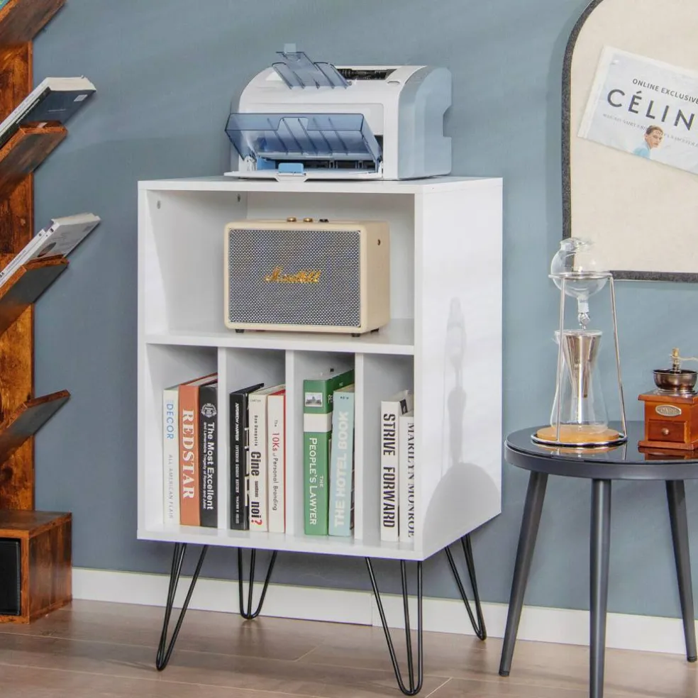 Freestanding Record Player Stand Record Storage Cabinet with Metal Legs