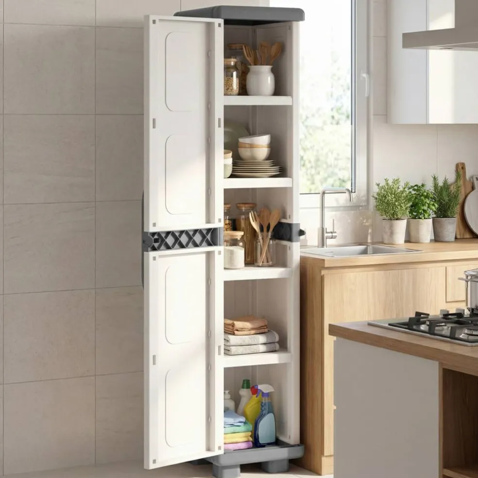 Freestanding Slim Pantry Storage Cabinet with Door, Adjustable Shelf Organizer for Bathroom, Kitchen, Laundry Room and Closet