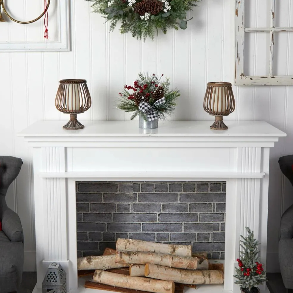 12" Frosted Pinecones & Berries Artificial Arrangement in Vase with Decorative Plaid Bow