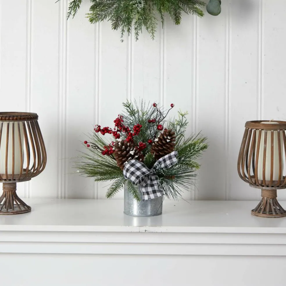 12" Frosted Pinecones & Berries Artificial Arrangement in Vase with Decorative Plaid Bow