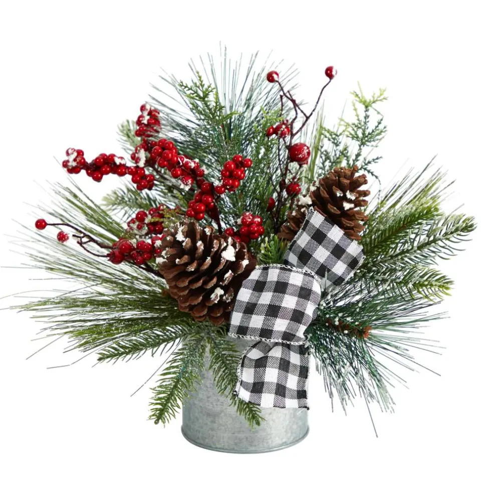 12" Frosted Pinecones & Berries Artificial Arrangement in Vase with Decorative Plaid Bow