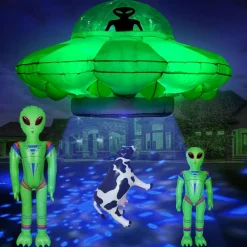 4.2FT Alien UFO Cow Abduction Inflatable with 2 Aliens – LED Lighted Halloween Yard Decoration, Flying Saucer Blow Up Decor for Outdoor Garden, Party & Halloween Display