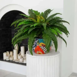 3.5ft Artificial Double Boston Fern in Handmade Mexican Talavera Ceramic Planter