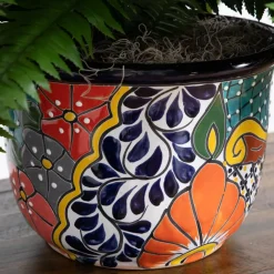 3.5ft Artificial Double Boston Fern in Handmade Mexican Talavera Ceramic Planter