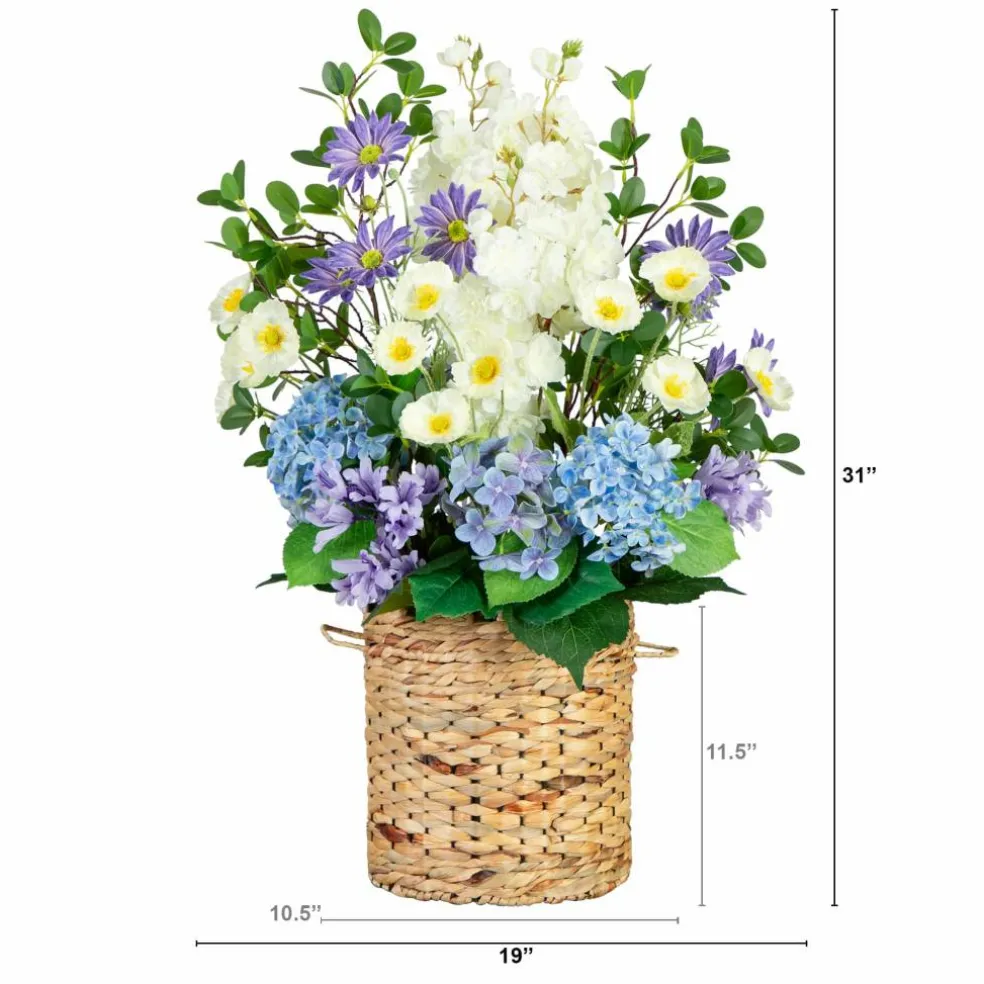 2.5ft. Artificial Mixed Flower & Hydrangea Arrangement in Hyacinth Weave Basket