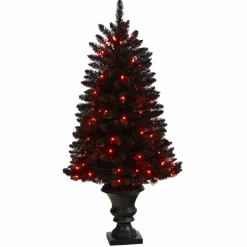 4ft. Black Artificial Halloween Tree in Urn, Orange LED Lights