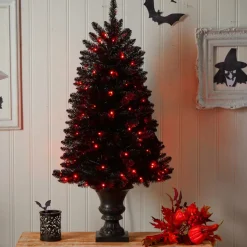 4ft. Black Artificial Halloween Tree in Urn, Orange LED Lights