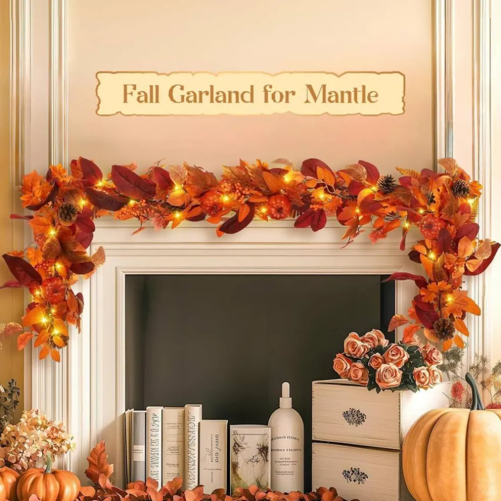 9ft Fall Garland with Lights and Timer for Mantle