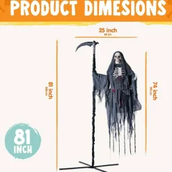 6 Ft Flying Grim Reaper Halloween Animatronic, IR Sensor Activated Skeleton with Sickle, Spinning Head, Glowing Red Eyes & Scary Sounds, Suspended Outdoor Haunted House Prop for Yard, Lawn & Party Decor