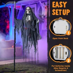 6 Ft Flying Grim Reaper Halloween Animatronic, IR Sensor Activated Skeleton with Sickle, Spinning Head, Glowing Red Eyes & Scary Sounds, Suspended Outdoor Haunted House Prop for Yard, Lawn & Party Decor