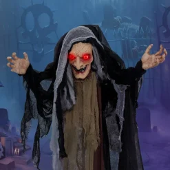 5FT Halloween Animatronic Witch with Flashing Red Eyes and Spooky Sounds for Indoor Outdoor Decor