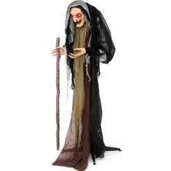 5FT Halloween Animatronic Witch with Flashing Red Eyes and Spooky Sounds for Indoor Outdoor Decor