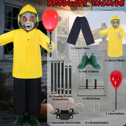 4FT Halloween Animatronic Zombie Boy Decoration with Glowing Red Eyes and Balloon, Sound and Motion Activated Scary Life Size Prop with Creepy Scream, Battery Operated Haunted House Decor for Yard, Lawn, Porch, Party and Indoor Outdoor Displays