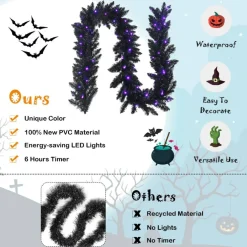 9 Ft Halloween Garland with 50 LED Lights and 210 PVC Branch Tips, Black