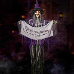 5 FT Halloween Hanging Witch Animatronic, 60 Inch Floating Witch with Banner, Sound & Touch Activated Scary Moving Witch, Light Up Red Eyes, Creepy Voice & Cackling, Indoor Outdoor Haunted House Decor