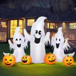 7FT Halloween Inflatable Ghosts & Pumpkins 3-Pack with LED Lights, Blow Up Yard Decoration Outdoor Indoor Lawn Garden Party Decor with Stakes & Ropes