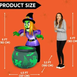 6 FT Halloween Inflatable Witch and Cauldron Decoration with LED Ghost Light, Rotating Projector Blow Up Yard Decor for Outdoor Lawn Garden Party Haunted House Halloween Display