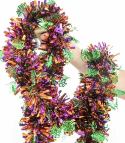 33FT Halloween Tinsel Garland, Purple & Orange Metallic Foil Spider Web Garland with Green Spider Sequins, Shiny Hanging Halloween Decorations for Party, Mantel, Door, Tree, Indoor Outdoor Decor