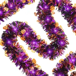 20FT Halloween Tinsel Garland with Purple LED Lights, Pumpkin Metallic Foil Twist Garland Battery Operated Lighted Hanging Decor for Halloween Party, Mantel, Wall, Indoor Outdoor Decoration