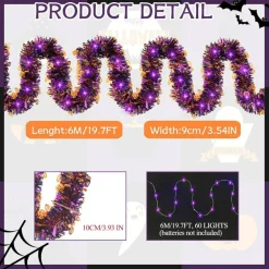 20FT Halloween Tinsel Garland with Purple LED Lights, Pumpkin Metallic Foil Twist Garland Battery Operated Lighted Hanging Decor for Halloween Party, Mantel, Wall, Indoor Outdoor Decoration