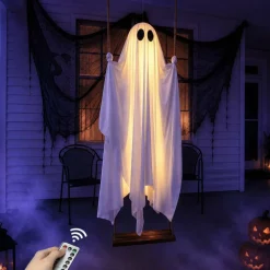5 Ft Hanging Swing Ghost Halloween Decorations Outdoor, Pre-Assembled Light Up Ghost with Height-Adjustable Wood Swing, Remote Timer & 8 Light Modes, Halloween Porch Yard Lawn Tree Decor