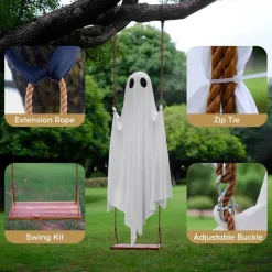 5 Ft Hanging Swing Ghost Halloween Decorations Outdoor, Pre-Assembled Light Up Ghost with Height-Adjustable Wood Swing, Remote Timer & 8 Light Modes, Halloween Porch Yard Lawn Tree Decor