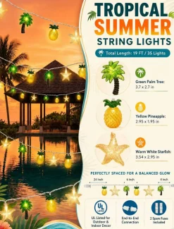 19Ft Hawaiian Beach String Lights Outdoor with 35 LED Starfish, Pineapple & Palm Tree Lights, Plug-in Tropical Party Decoration for Patio, Backyard, Garden, Window, Tiki Bar, Pool Party Decor