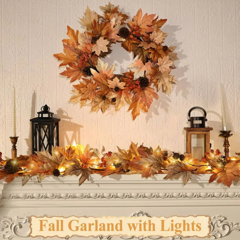 6 FT Lighted Fall Garland with Lights Autumn Automatic ON/Off Timer