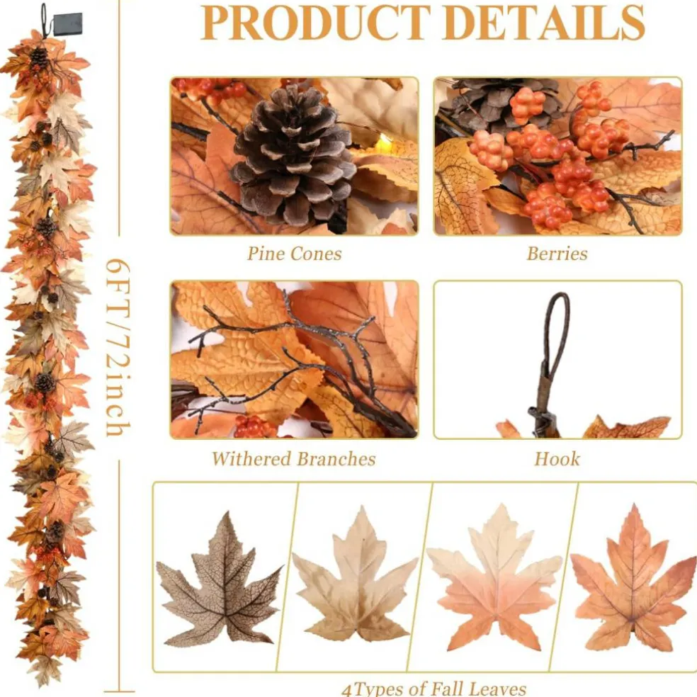 6 FT Lighted Fall Garland with Lights Autumn Automatic ON/Off Timer