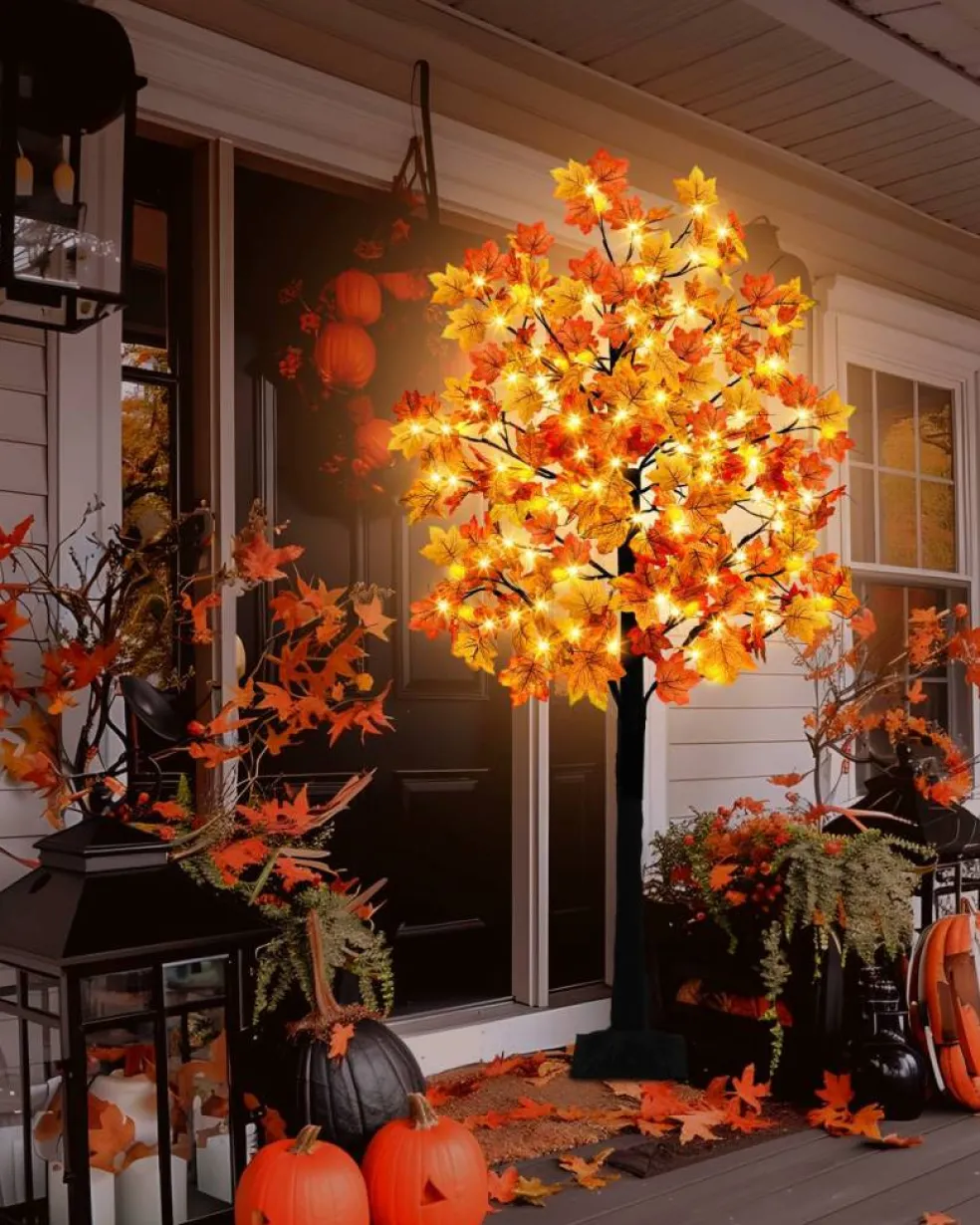 7FT Lighted Maple Tree Fall Decorations, 128 LED Artificial Autumn Tree with 256 Maple Leaves, 32 Acorns and Berry Bunches, 8 Lighting Modes, 3-Level Dimmable with Timer for Thanksgiving Indoor Outdoor Decor