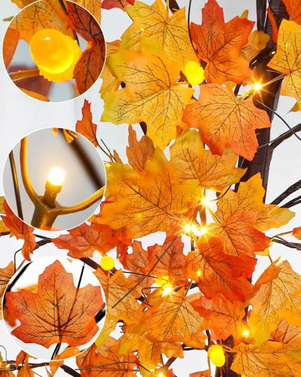 7FT Lighted Maple Tree Fall Decorations, 128 LED Artificial Autumn Tree with 256 Maple Leaves, 32 Acorns and Berry Bunches, 8 Lighting Modes, 3-Level Dimmable with Timer for Thanksgiving Indoor Outdoor Decor