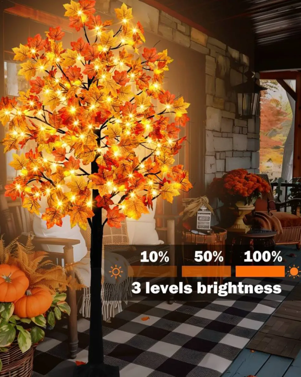 7FT Lighted Maple Tree Fall Decorations, 128 LED Artificial Autumn Tree with 256 Maple Leaves, 32 Acorns and Berry Bunches, 8 Lighting Modes, 3-Level Dimmable with Timer for Thanksgiving Indoor Outdoor Decor